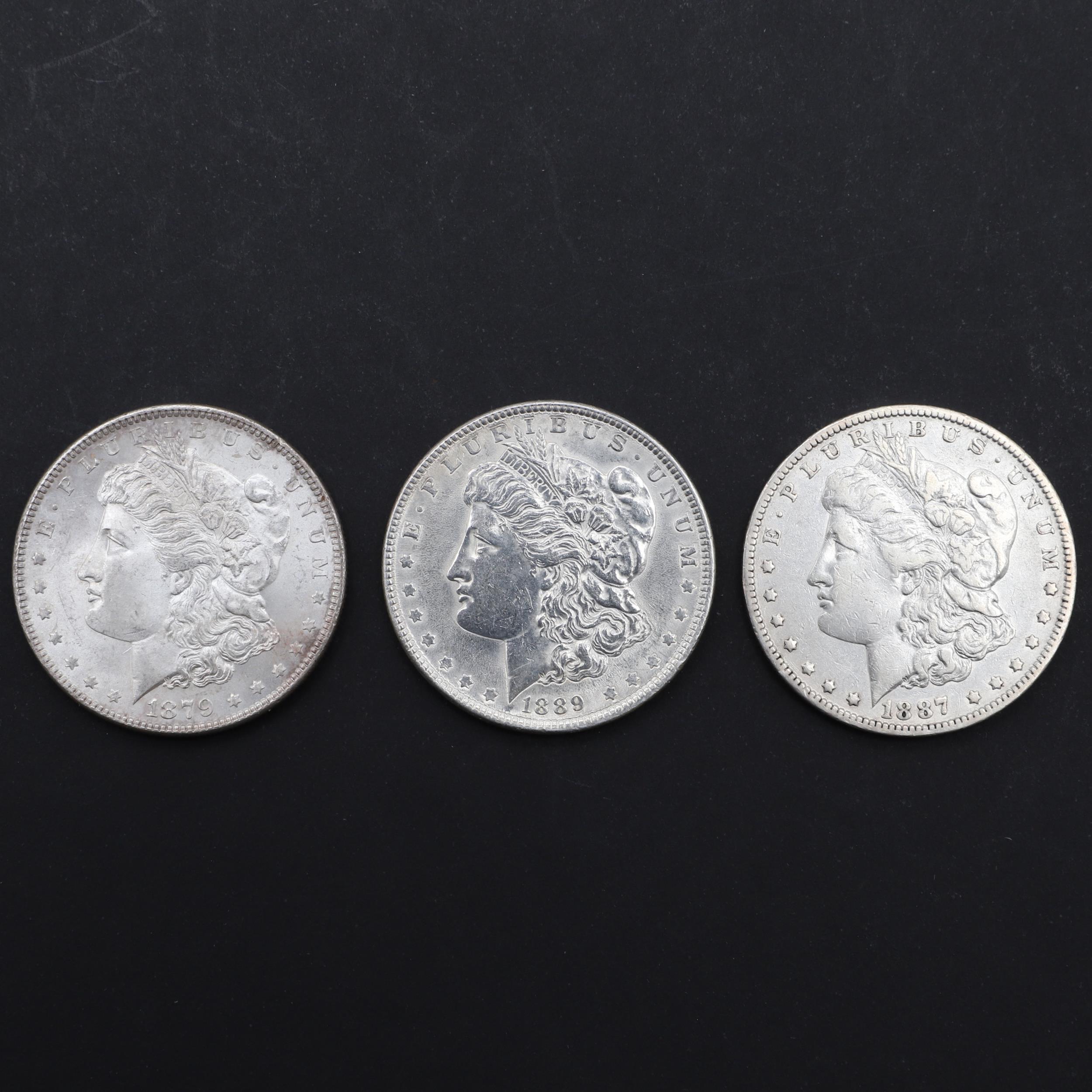 THREE AMERICAN MORGAN DOLLARS, 1879 AND LATER.