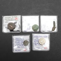 A COLLECTION OF FIVE ANCIENT COINS TO INCLUDE A DOLPHIN SHAPED COIN, OLBIA.