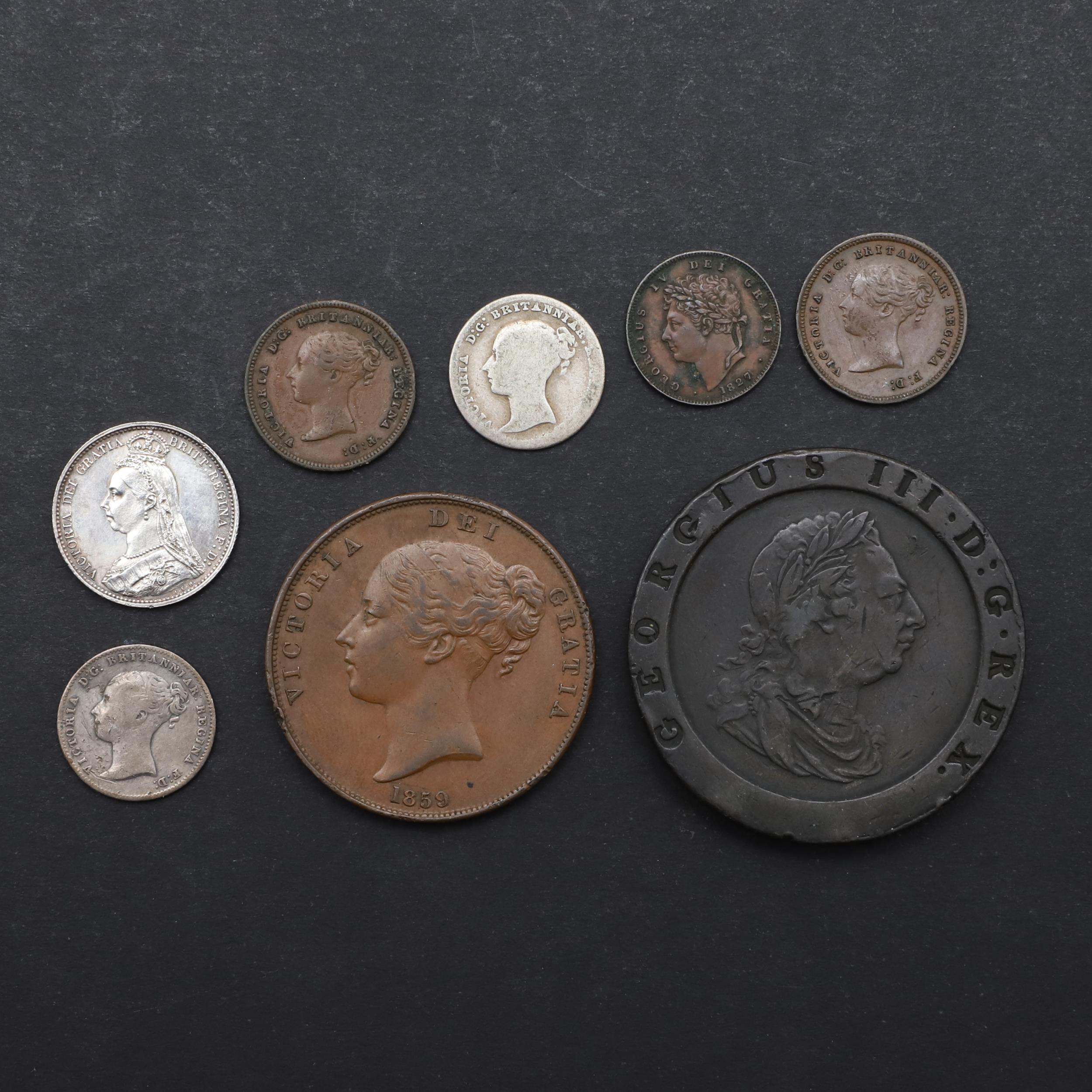 A COLLECTION OF GEORGE III AND LATER COPPER AND SMALL SILVER ISSUES.