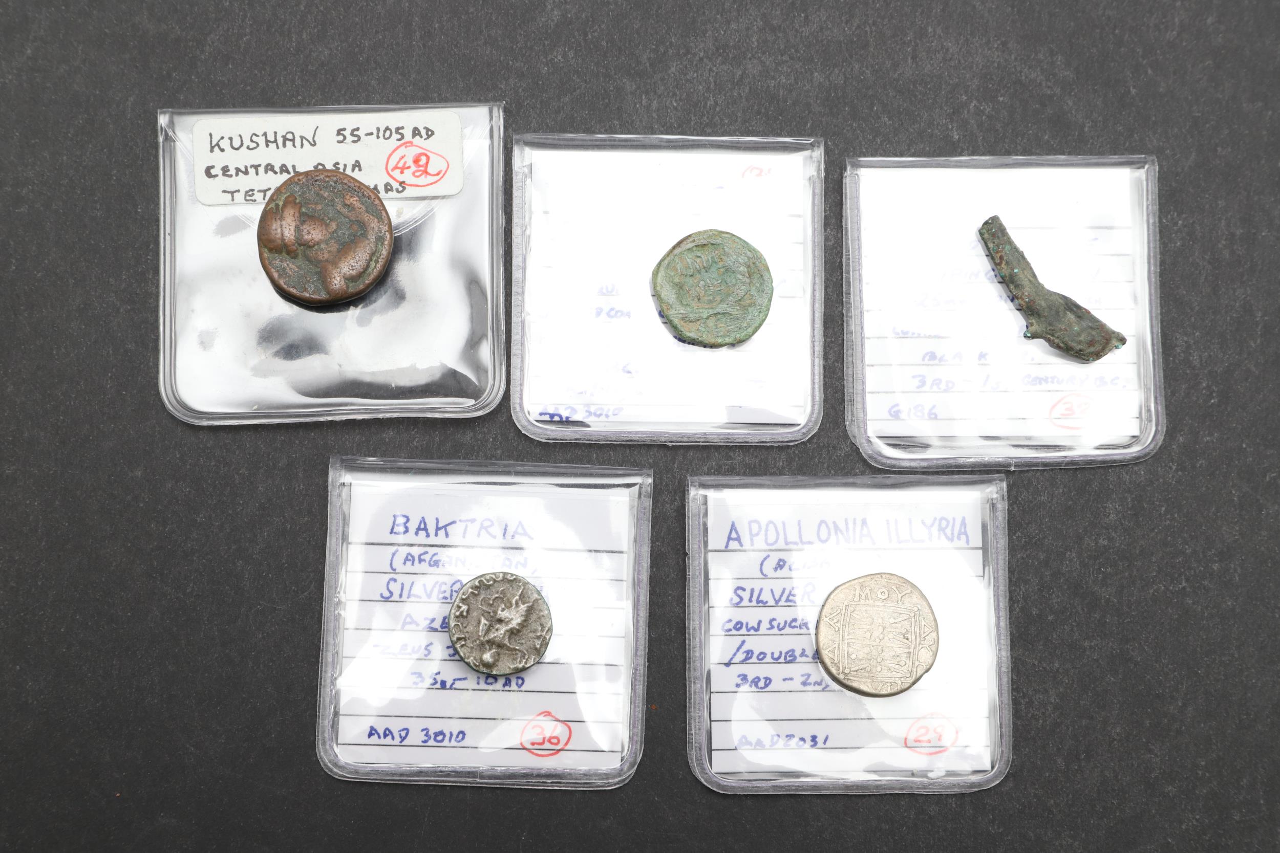 A COLLECTION OF FIVE ANCIENT COINS TO INCLUDE A DOLPHIN SHAPED COIN, OLBIA. - Image 6 of 6