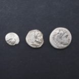 GREEK COINS: MACEDON, SILVER DRACHM, HEMIDRACHM AND OBOL.
