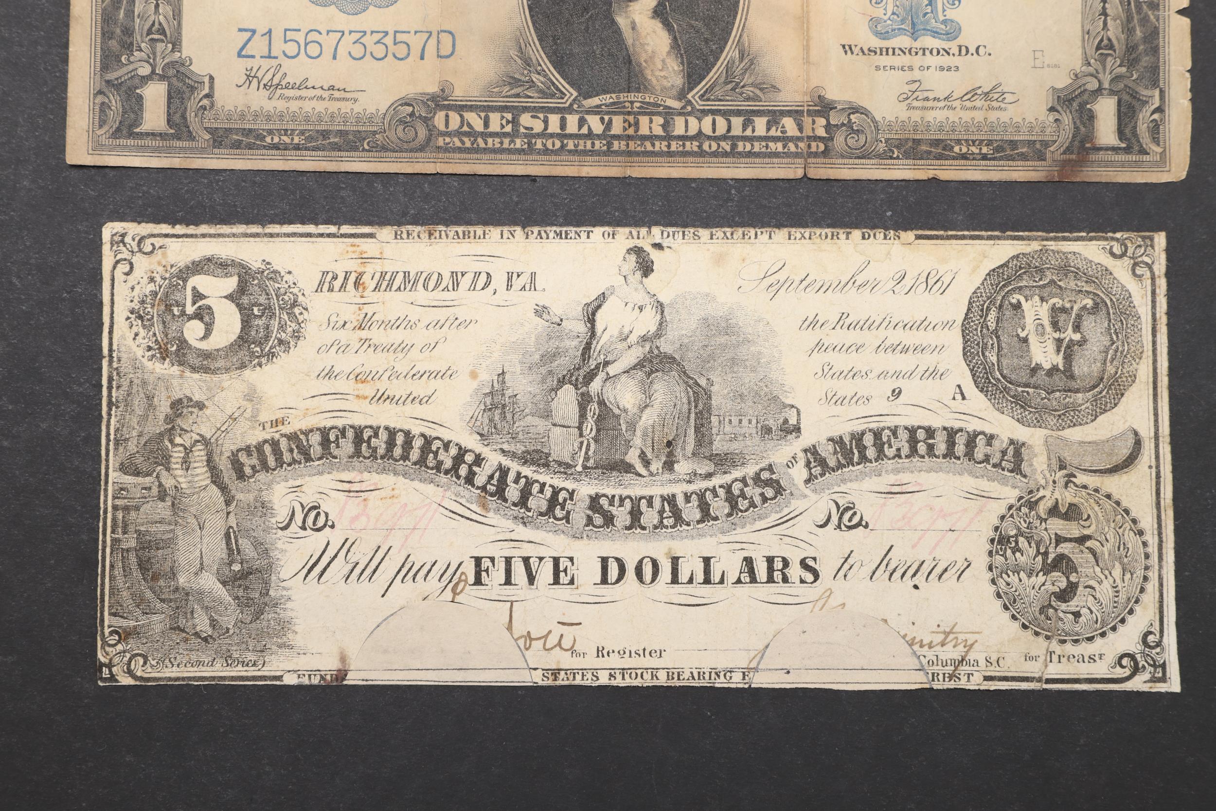 A CONFEDERATE STATES RICHMOND FIVE DOLLAR NOTE AND A ONE DOLLAR NOTE. - Bild 3 aus 5