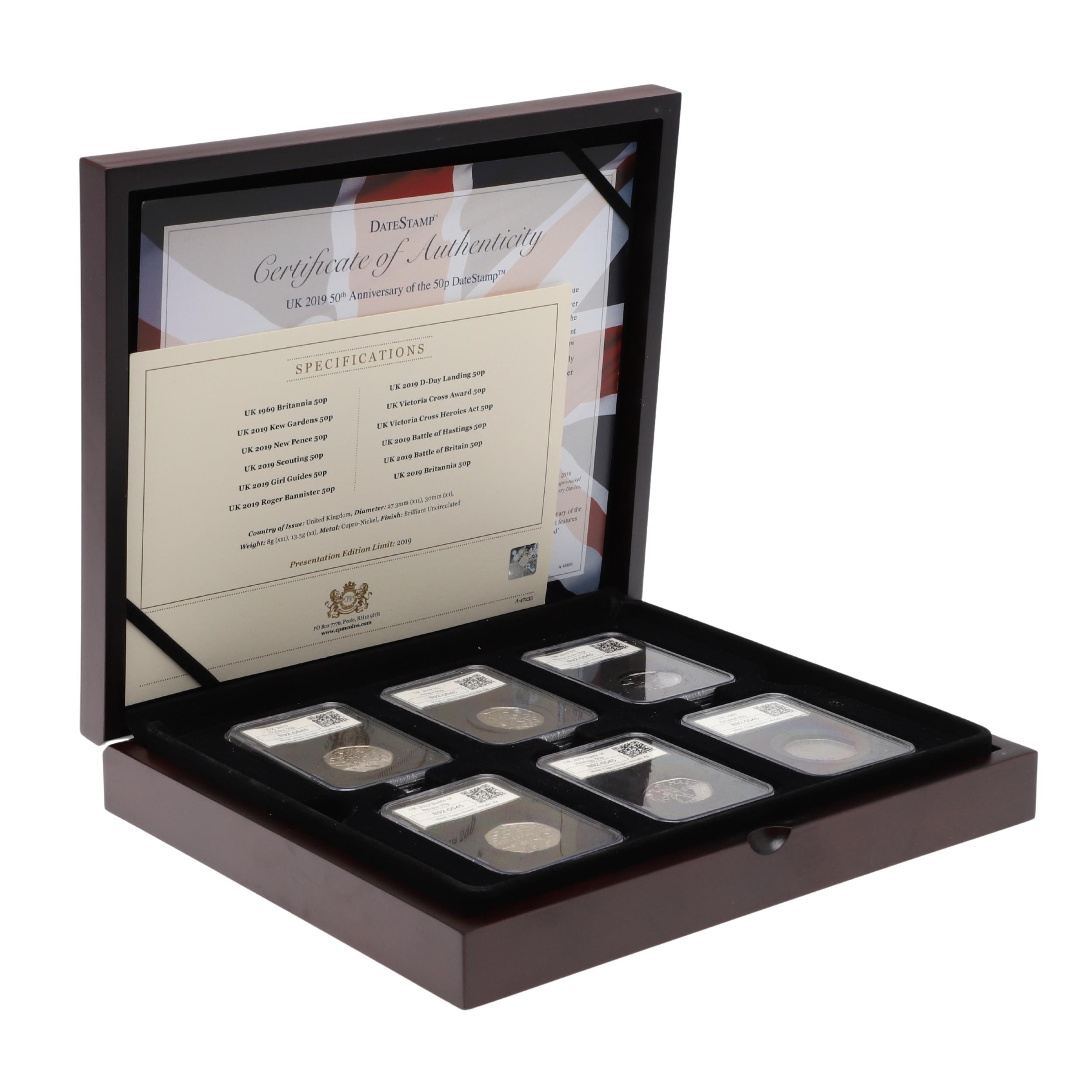 THE DATESTAMP 2019 50TH ANNIVERSARY OF THE 50 PENCE 12 COIN SET.