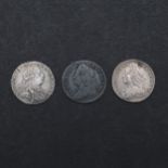 TWO GEORGE II SIXPENCE AND A SIMILAR GEORGE III SIXPENCE.