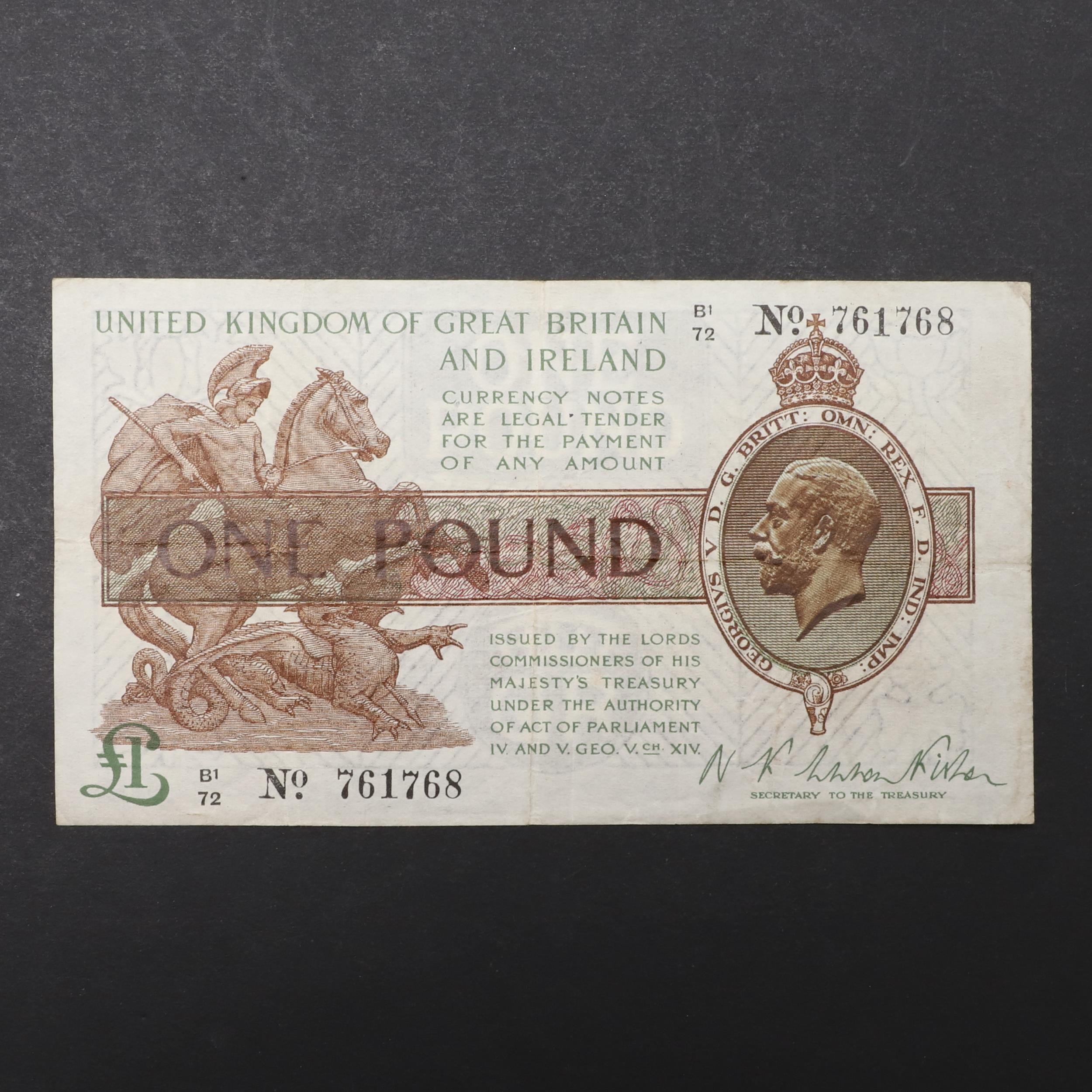 A SECOND WARREN FISHER ISSUE BANK OF ENGLAND ONE POUND NOTE.