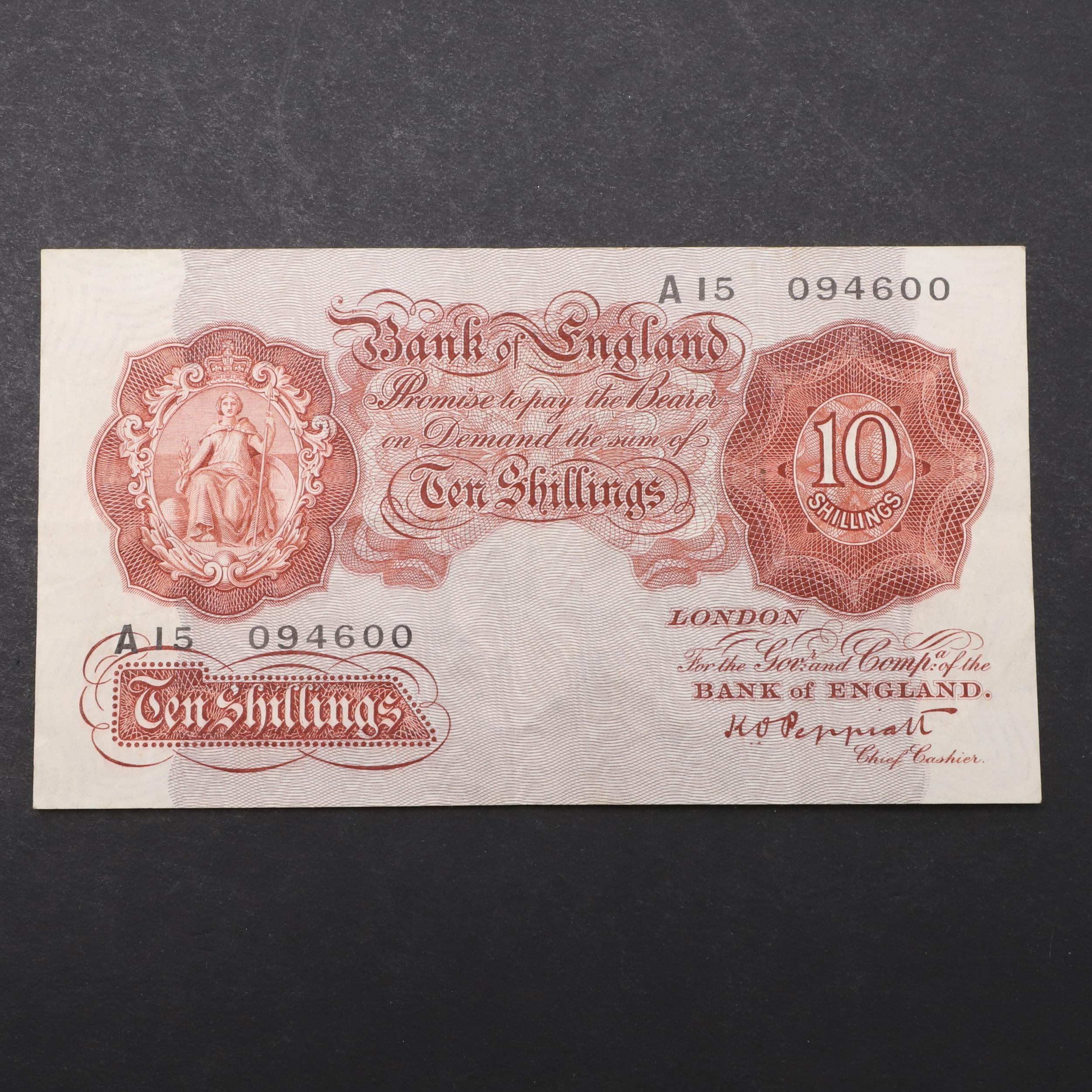 A BANK OF ENGLAND SERIES A TEN SHILLING BANKNOTE.
