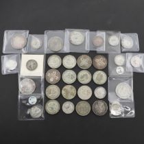 A QUEEN ANNE HALF CROWN, 1708, AND A COLLECTION OF OTHER LATER SILVER COINS.