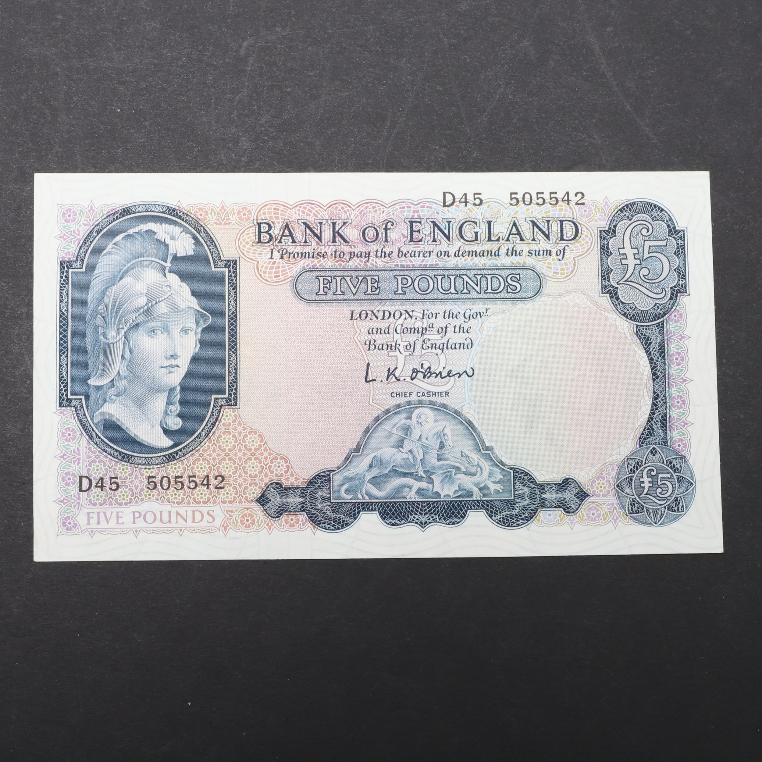 A SERIES 'B' HELMETED BRITANNIA FIVE POUND NOTE.