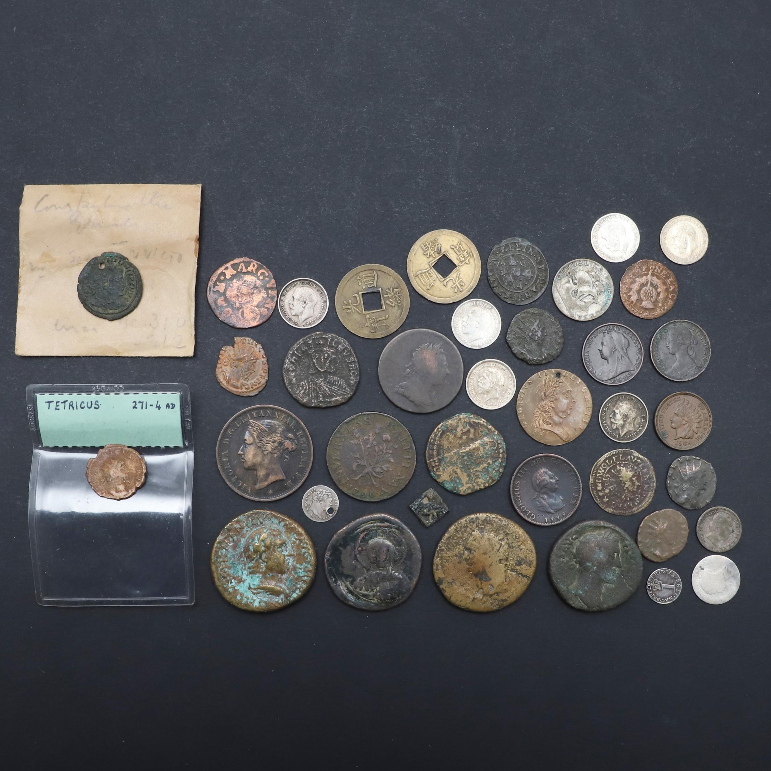 A SMALL COLLECTION OF COINS INCLUDING ROMAN, JETONS AND OTHERS.