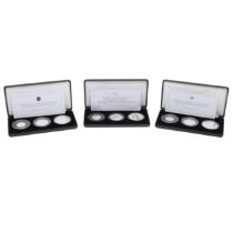 THREE JUBILEE MINT THREE COIN SILVER PROOF COIN SETS.
