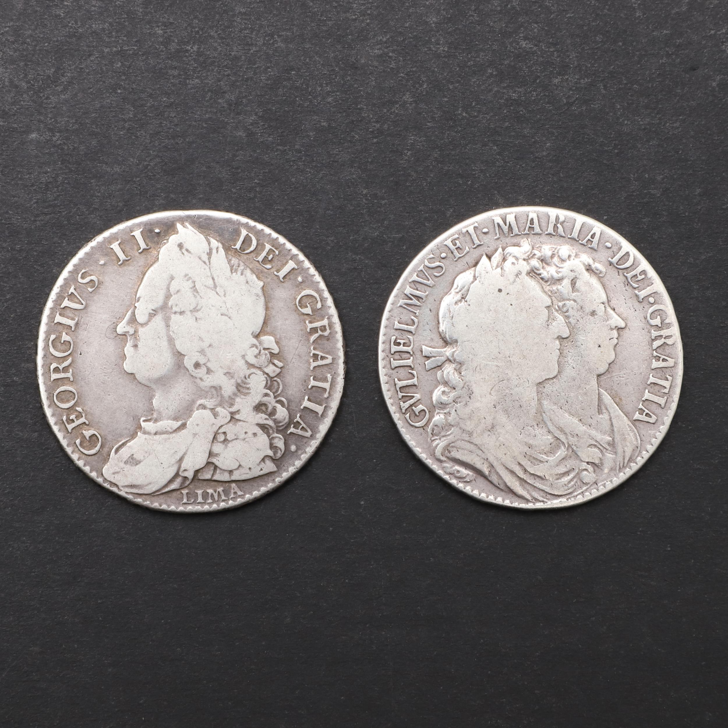 A WILLIAM AND MARY HALFCROWN AND SIMILAR GEORGE II LIMA HALFCROWN.