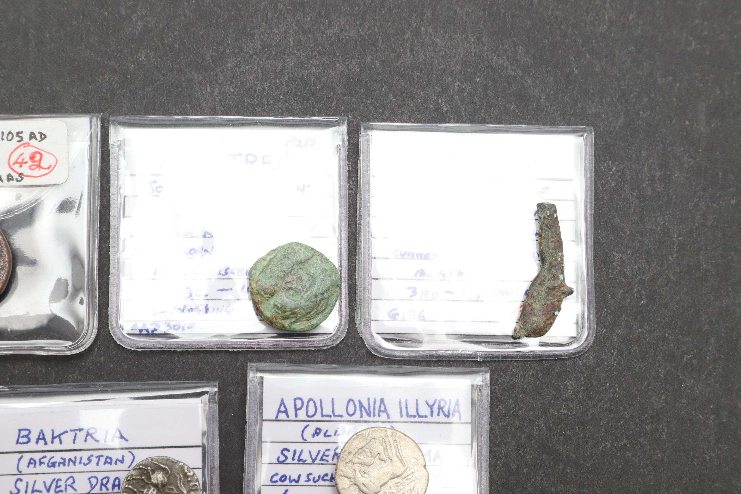 A COLLECTION OF FIVE ANCIENT COINS TO INCLUDE A DOLPHIN SHAPED COIN, OLBIA. - Image 4 of 6