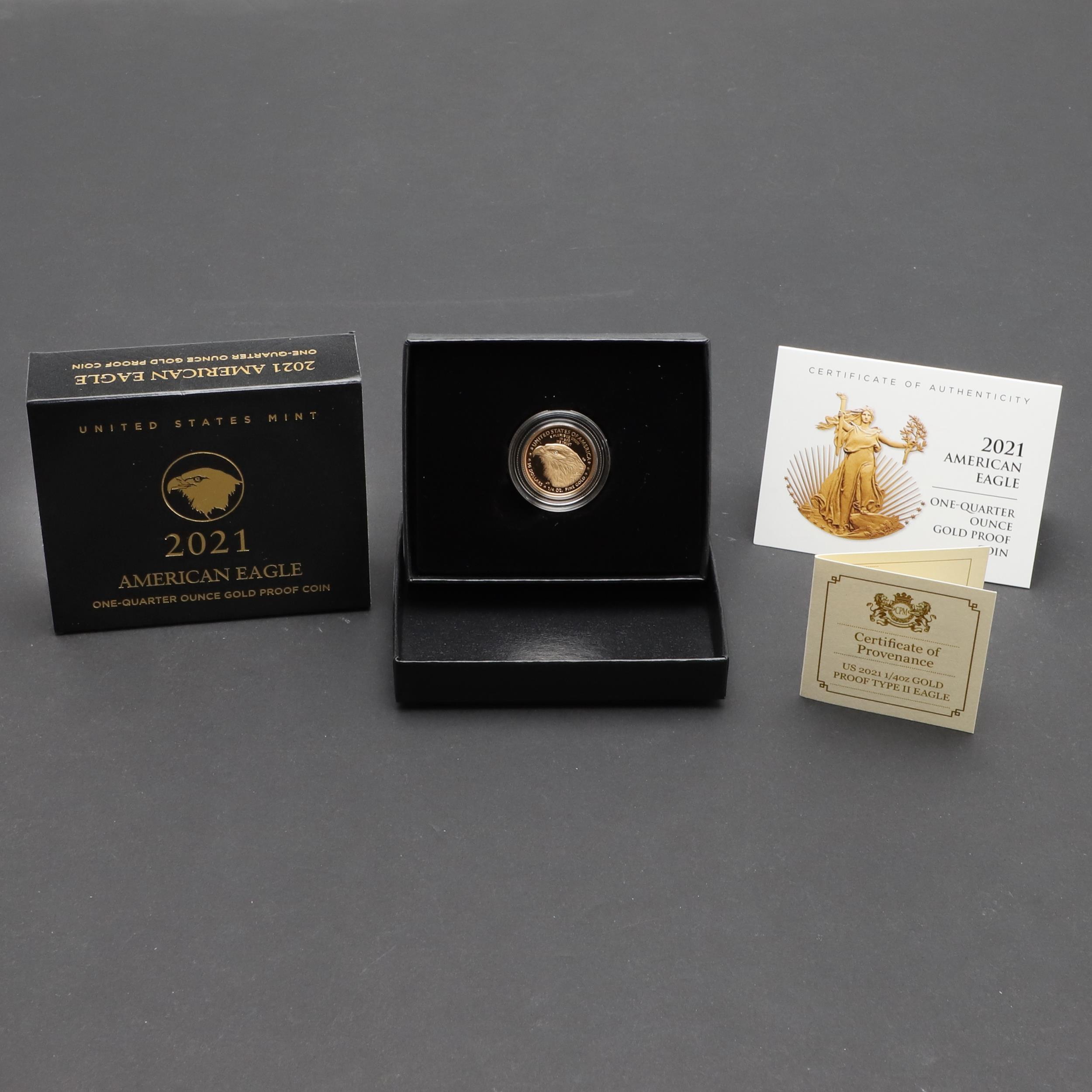 AN AMERICAN GOLD EAGLE PROOF ONE-QUARTER OUNCE COIN, 2021.