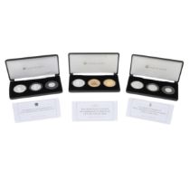 THREE JUBILEE MINT THREE COIN SILVER PROOF ROYALTY THEMED ISSUES, 2014, 2016 AND 2018.