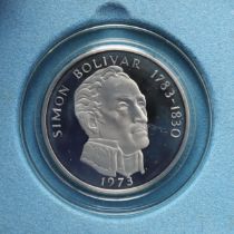 A REPUBLIC OF PANAMA SILVER PROOF 20 BALBOAS COIN, 1973.