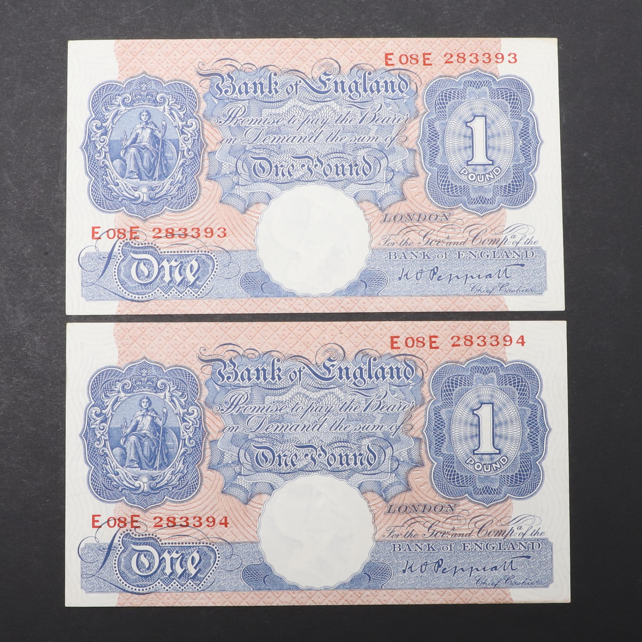 TWO BANK OF ENGLAND SERIES 'A' BLUE ONE POUND NOTES WITH CONSECUTIVE NUMBERS.