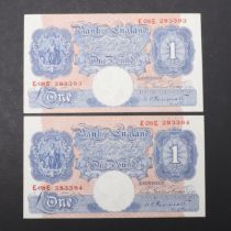 TWO BANK OF ENGLAND SERIES 'A' BLUE ONE POUND NOTES WITH CONSECUTIVE NUMBERS.