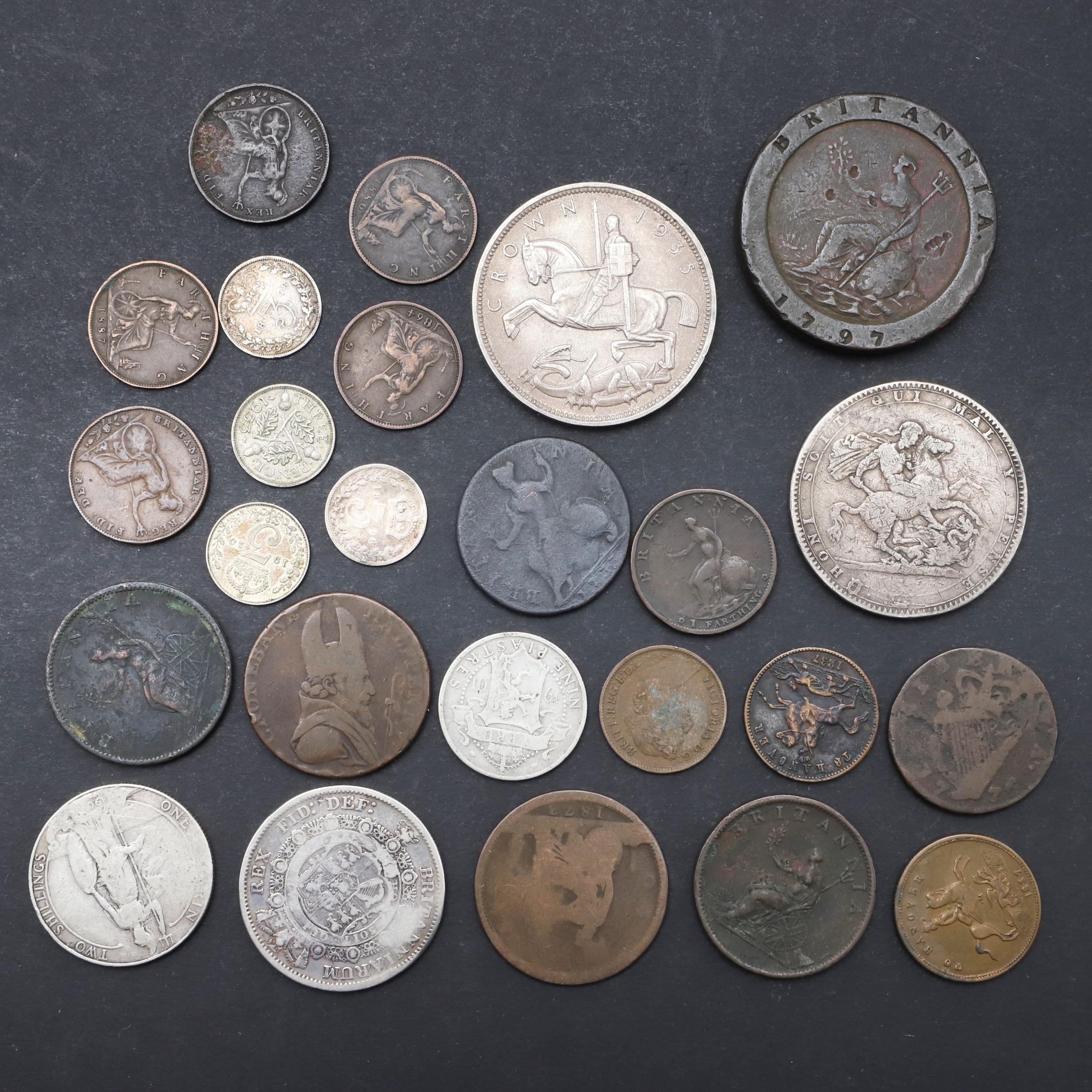 A MIXED COLLECTION OF BRITISH COINS TO INCLUDE 1819 CROWN AND 1797 TWOPENCE. - Image 2 of 3