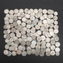 A COLLECTION OF SILVER AND PART SILVER SHILINGS AND THREEPENCE.