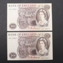 TWO BANK OF ENGLAND SERIES 'C' TEN POUND BANKNOTES WITH CONSECUTIVE NUMBERS.