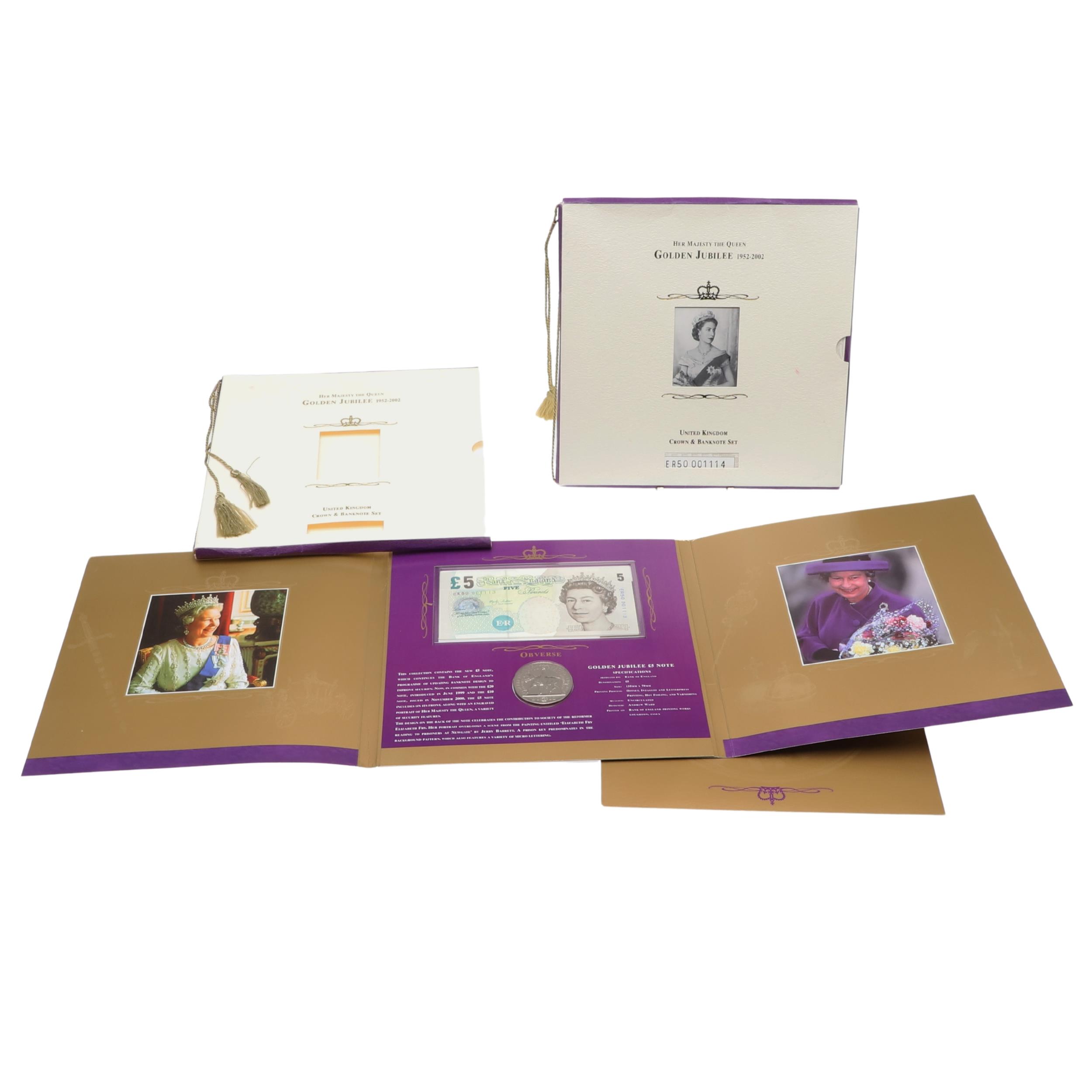 TWO CONSECUTIVE GOLDEN JUBILEE PRESENTATION ROYAL MINT COIN AND NOTE SETS.