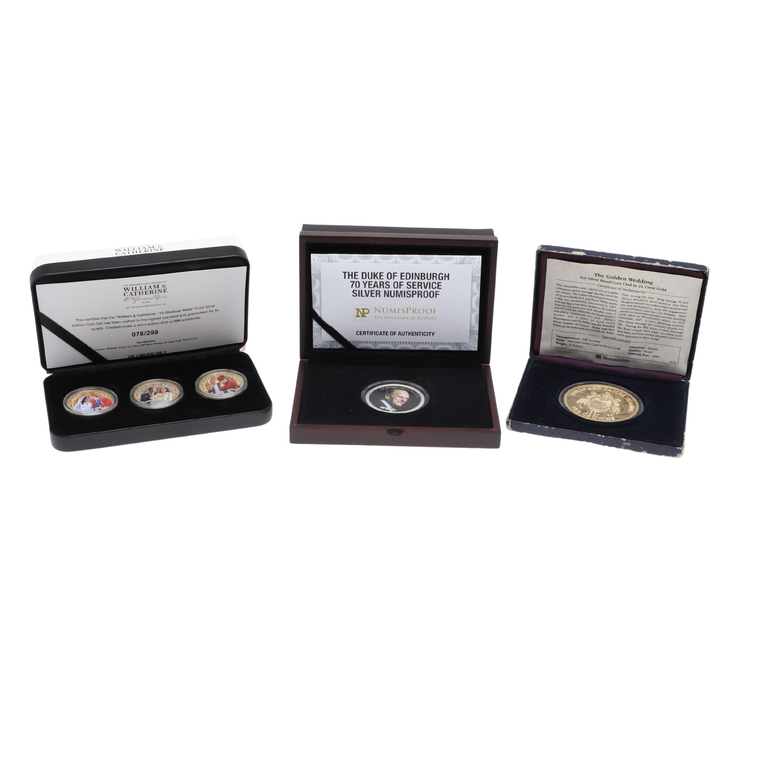 A WILLIAM AND CATHERINE THREE COIN SILVER COIN SET AND OTHER THEMED RECENT SILVER ISSUES.