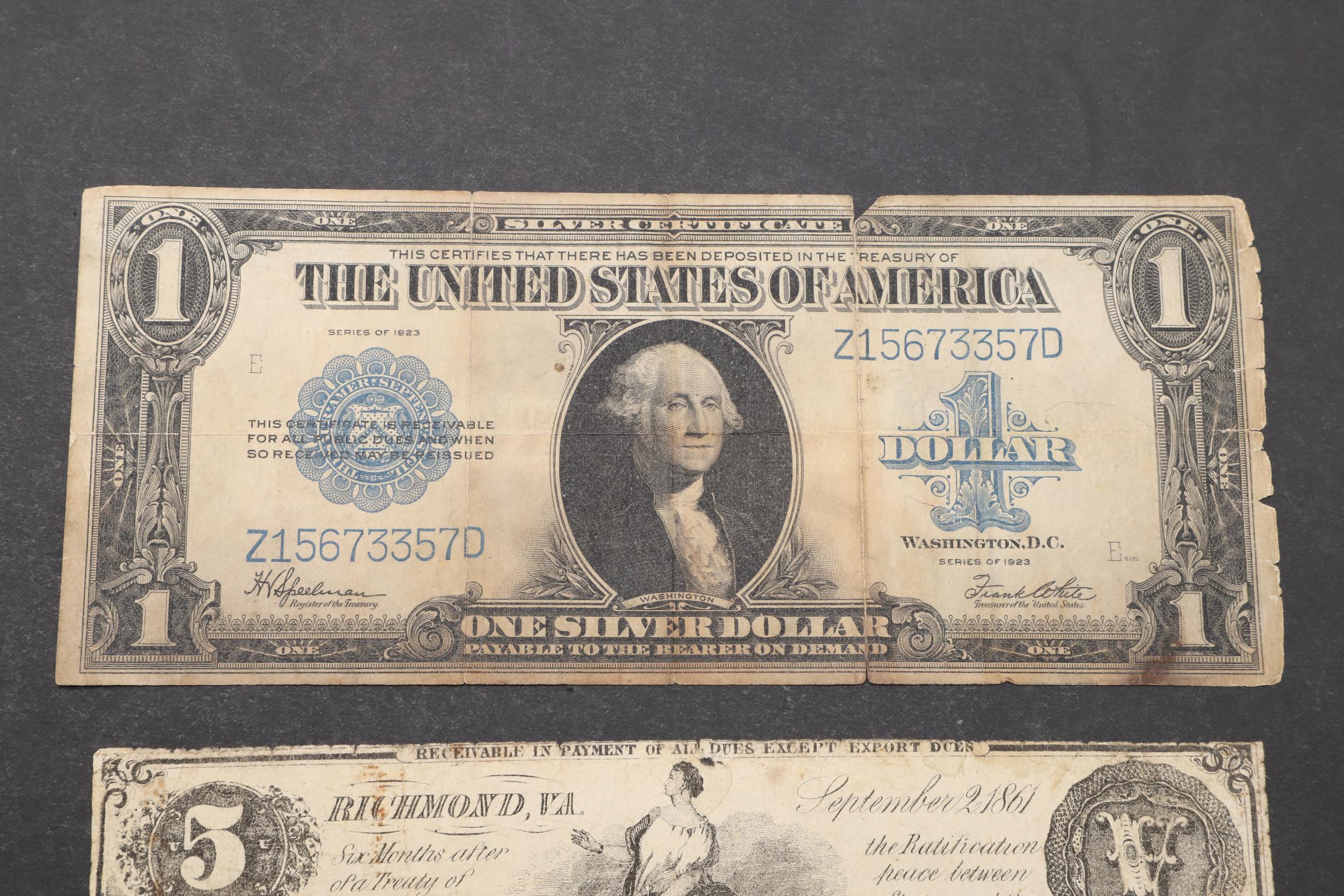 A CONFEDERATE STATES RICHMOND FIVE DOLLAR NOTE AND A ONE DOLLAR NOTE. - Image 2 of 5