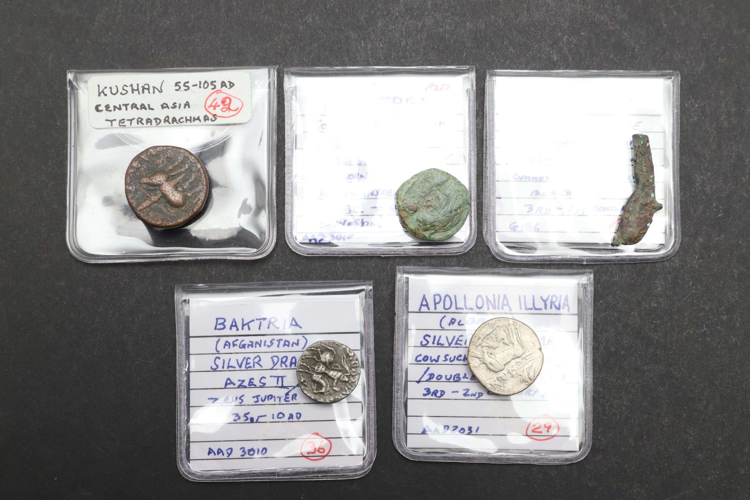 A COLLECTION OF FIVE ANCIENT COINS TO INCLUDE A DOLPHIN SHAPED COIN, OLBIA. - Image 2 of 6