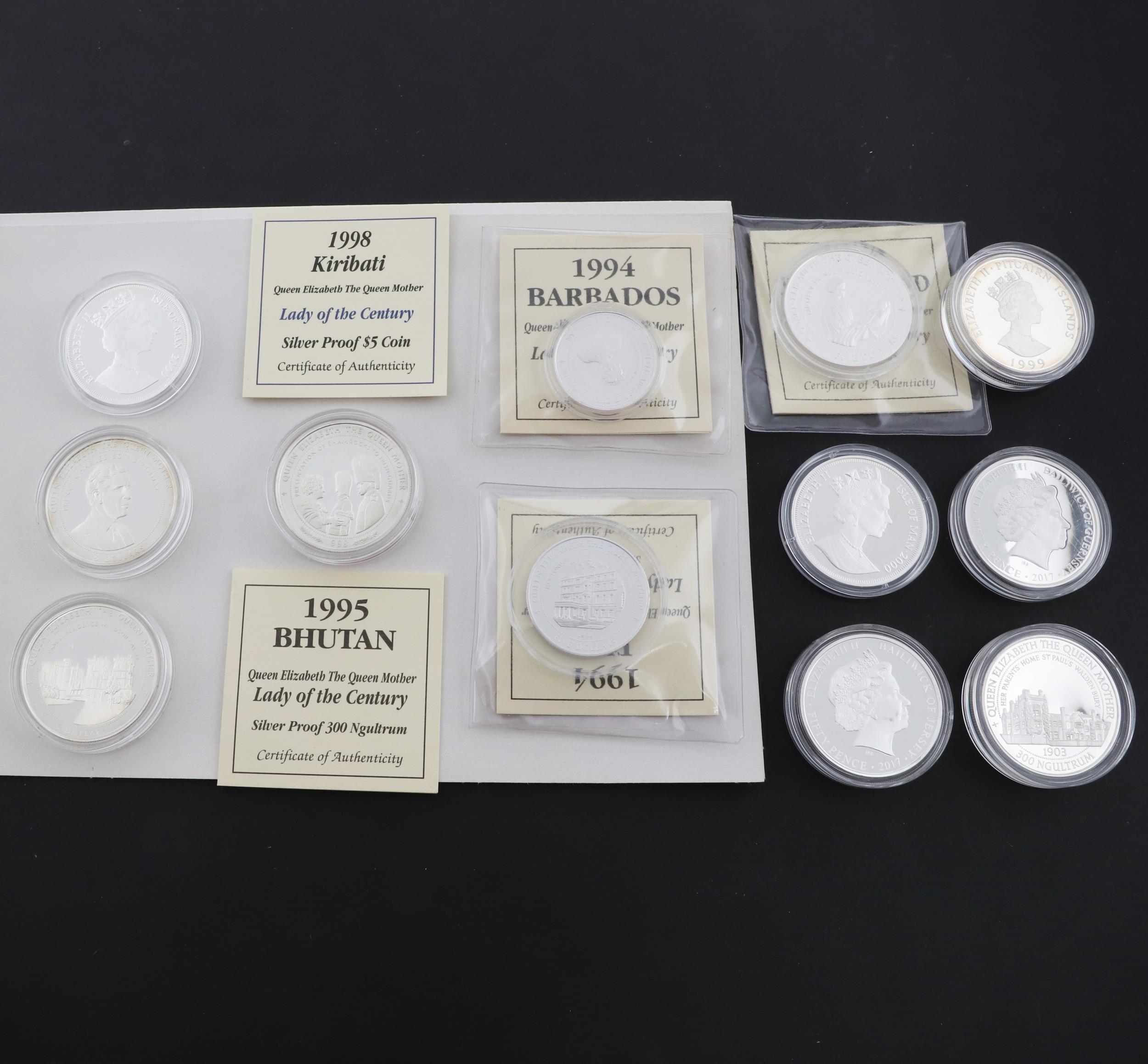 A COLLECTION OF QUEEN MOTHER CENTENARY CELEBRATION SILVER PROOF COINS.