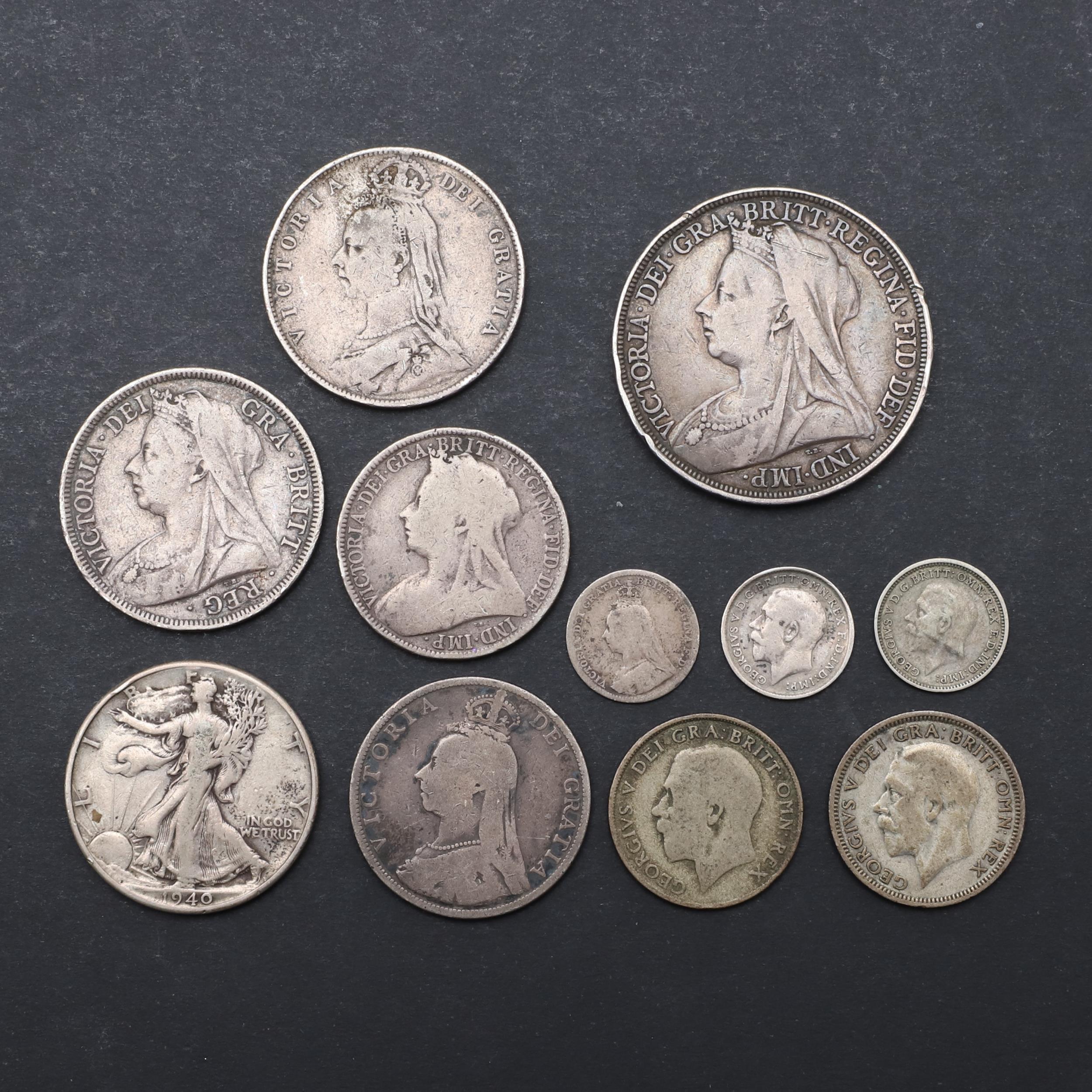 A QUEEN VICTORIA CROWN, 1897 AND A SMALL COLLECTION OF OTHER SILVER.