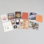 A MIXED COLLECTION OF COINS, BOOKS AND OTHER ITEMS.