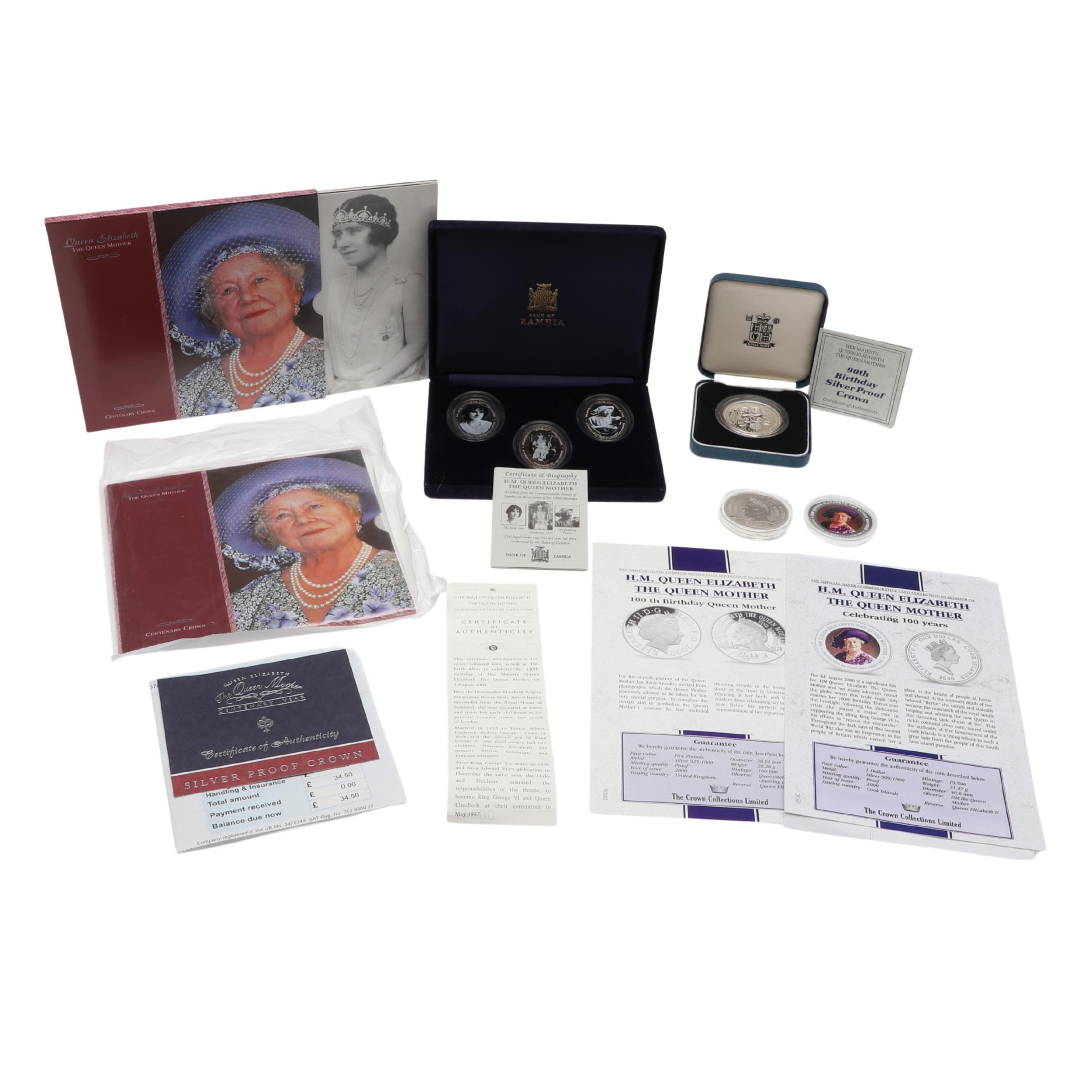 A COLLECTION OF ROYAL MINT QUEEN MOTHER SILVER PROOF CROWNS AND OTHERS.