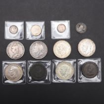 TWO GEORGE II PENNIES, A VICTORIAN SHILLING AND OTHER SIMILAR COINS.