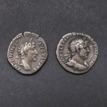 ROMAN IMPERIAL COINAGE: A SILVER DENARIUS OF HADRIAN 96-138 A.D. AND ANOTHER OF ANTONINUS 138-161 A.