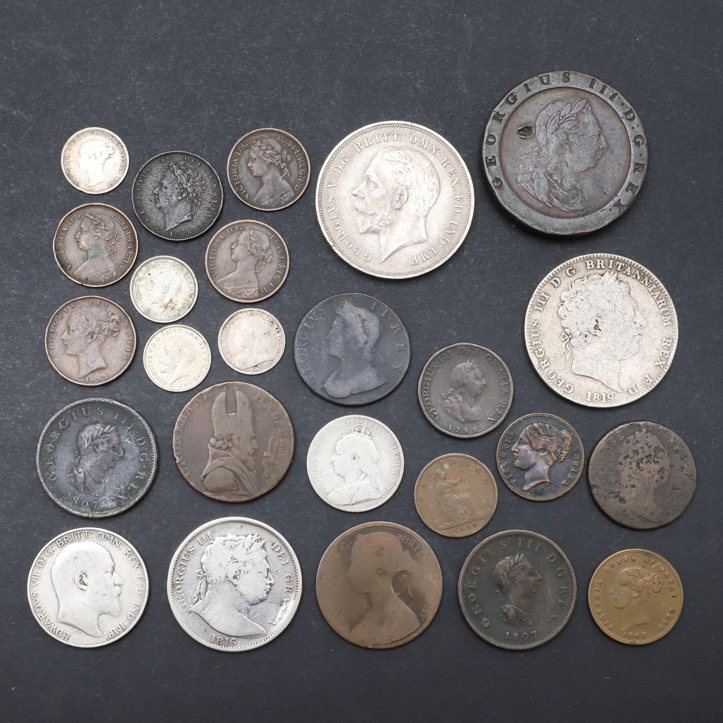 A MIXED COLLECTION OF BRITISH COINS TO INCLUDE 1819 CROWN AND 1797 TWOPENCE.