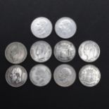 A COLLECTION OF TEN CROWN SIZED SILVER WORLD COINS TO INCLUDE SPAIN AND BELGIUM.