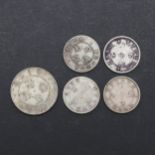 A COLLECTION OF FIVE 19TH CENTURY CHINESE SILVER COINS.
