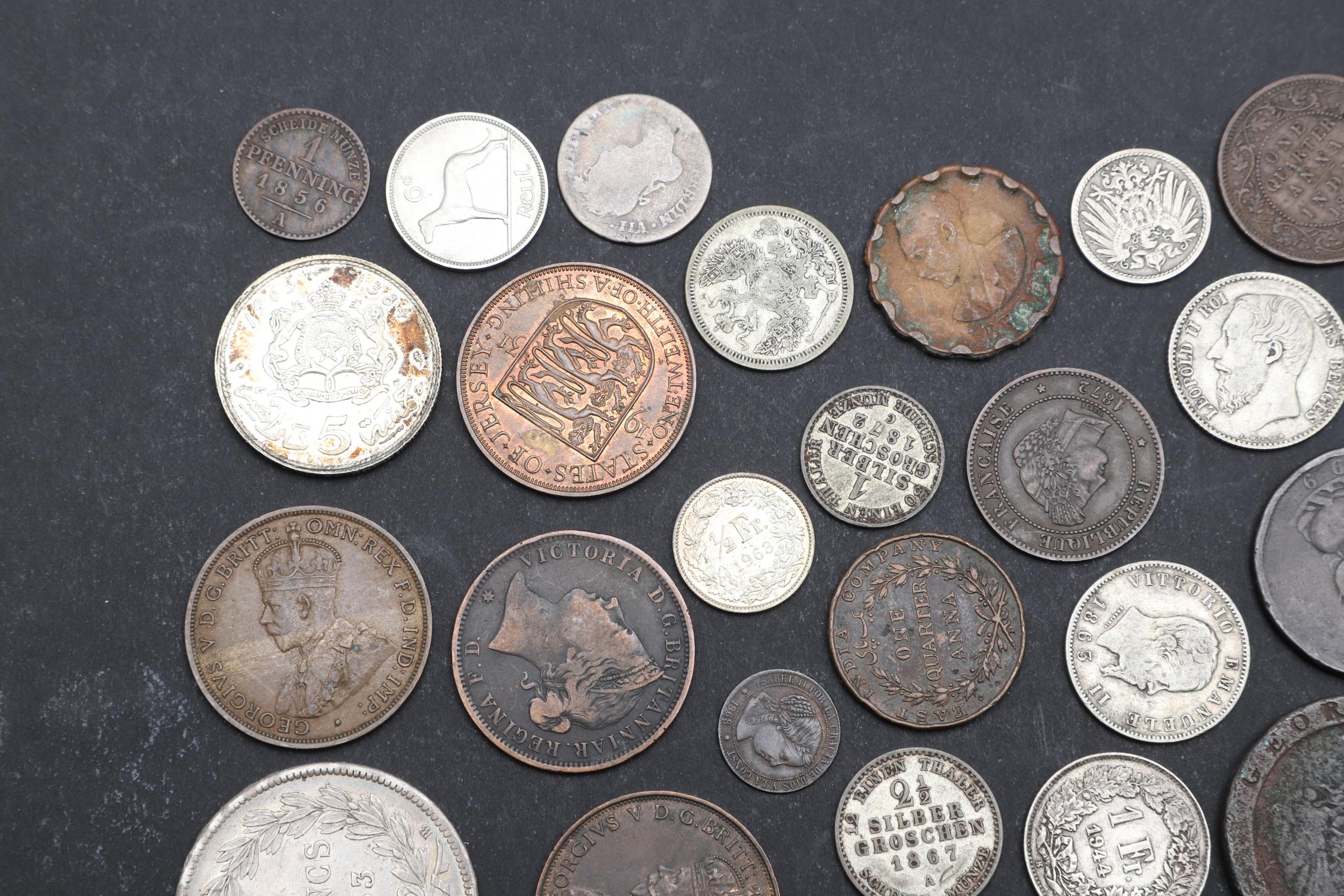 A COLLECTION OF WORLD COINS INCLUDING A NAPOLEON III 5 FRANC COIN. - Image 2 of 5