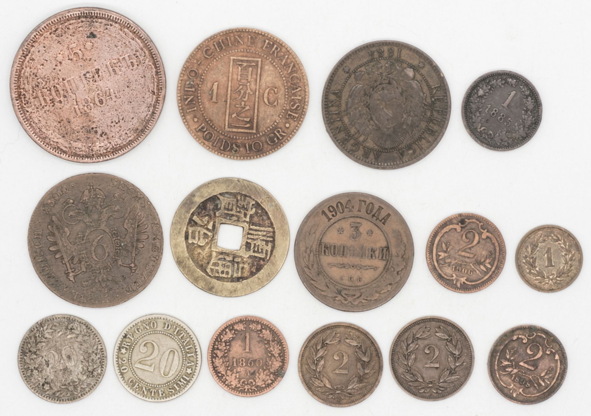 Lot Münzen aus aller Welt, dabei Österreich, Schweiz, Russland, China, Frankreich-Indochina, Italien