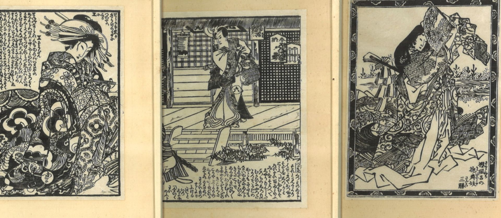 3 Japanische Holzschnitte um 1900, hinter Glas gerahmt. Verschiedene Ansichten.