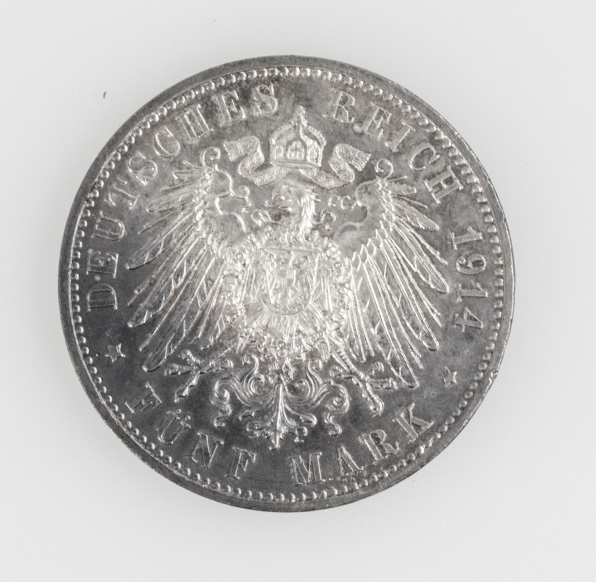 Deutsches Kaiserreich Preußen 1914 A, 5.- Mark - Silbermünze "Wilhelm II. in Uniform". Erhaltung: - Bild 2 aus 2