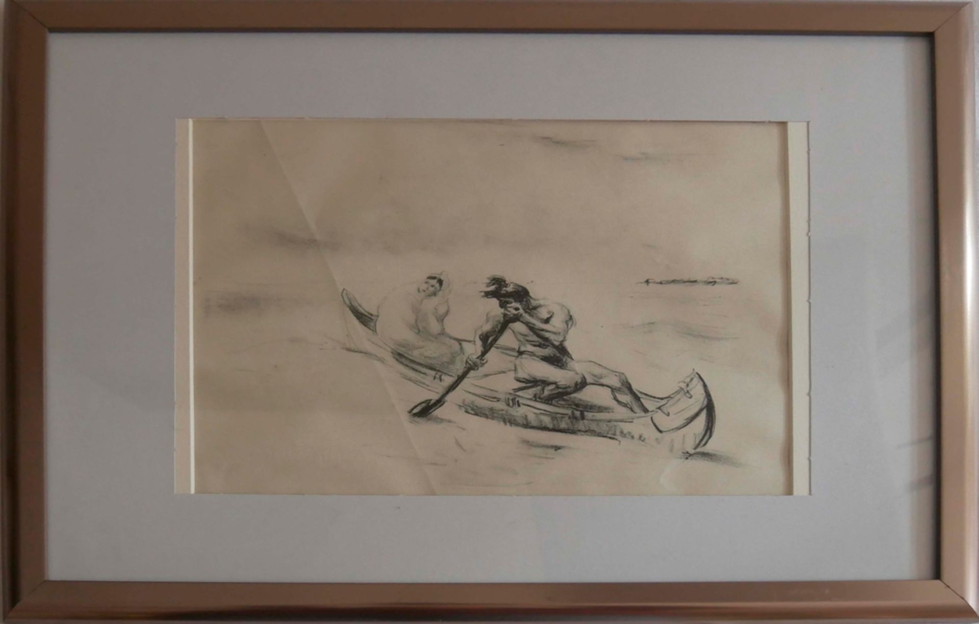 Max SLEVOGT (1868-1932). Radierung "Mann in Boot", hinter Glas gerahmt. Gesamtmaße: Höhe ca. 33