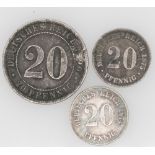 Deutsches Kaiserreich, 3 x 20 Pfennig - Münzen: 1874 A, 1875 A und 1890 F. Erhaltung: ss.