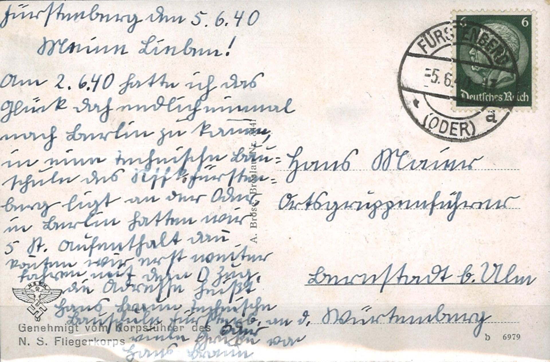 5.6.40 Fürstenberg. Postkarte "Reichssegelflug - Bauschule Fürstenberg a. O. des N. S. Fliegerkorps. - Image 2 of 2