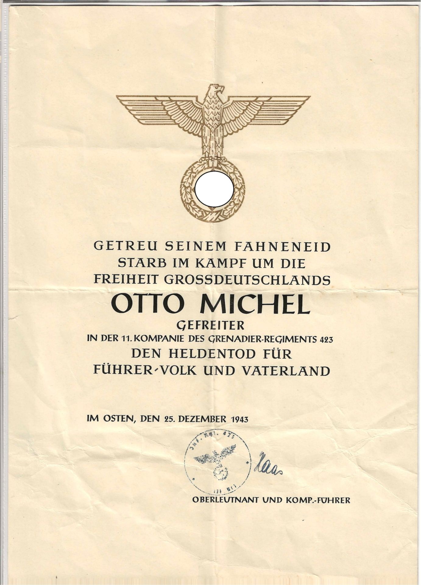 Urkunde "Getreu seinem Fahneneid starb im Kampf um die Freiheit Grossdeutschlands...in der 11.