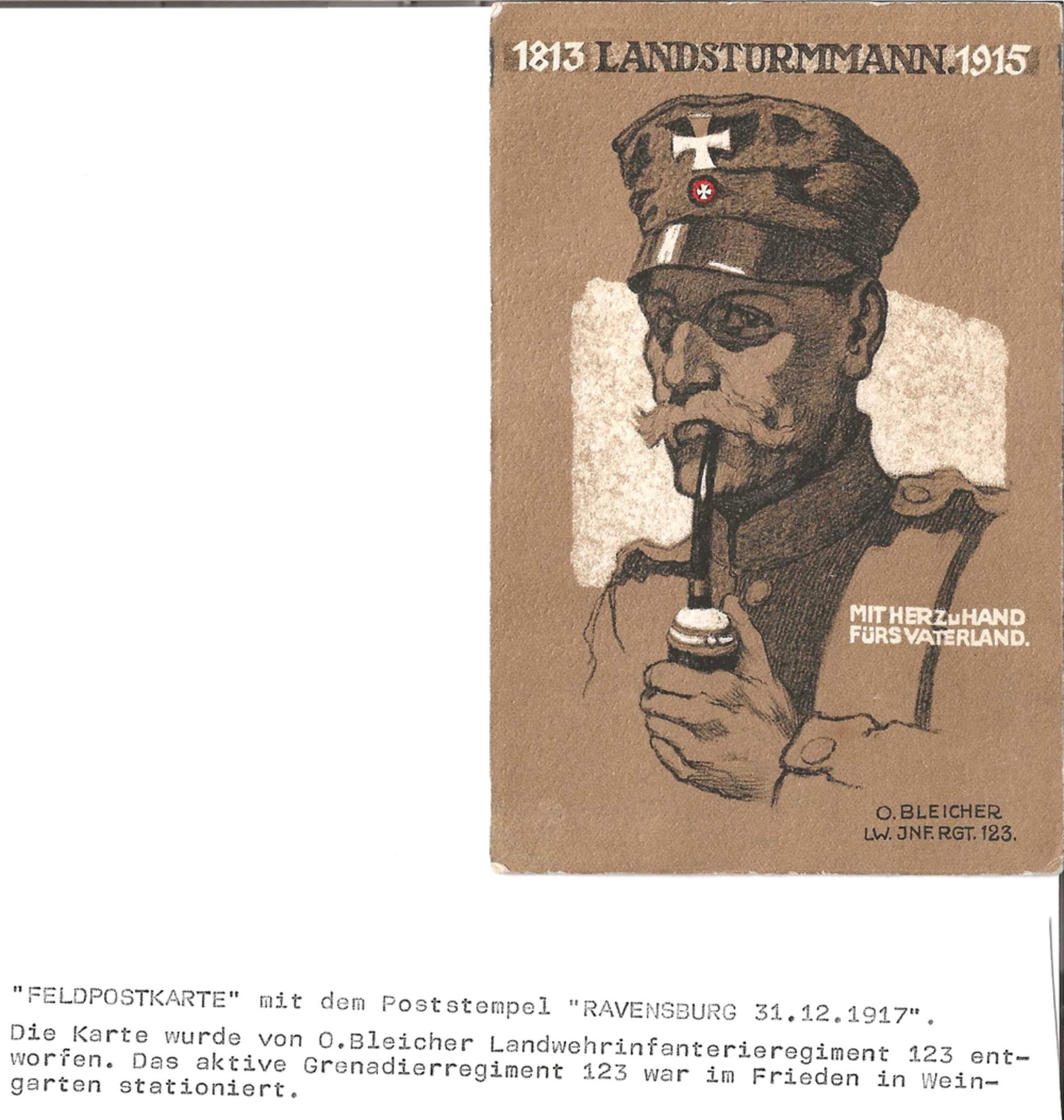 Feldpostkarte mit dem Poststempel "Ravensburg 31.12.1917". Die Karte wurde von O. BLeicher