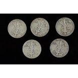 Lot von 1/2 Silberdollar, 900er Silber, 1941-1945. Insgesamt 5 Stück.