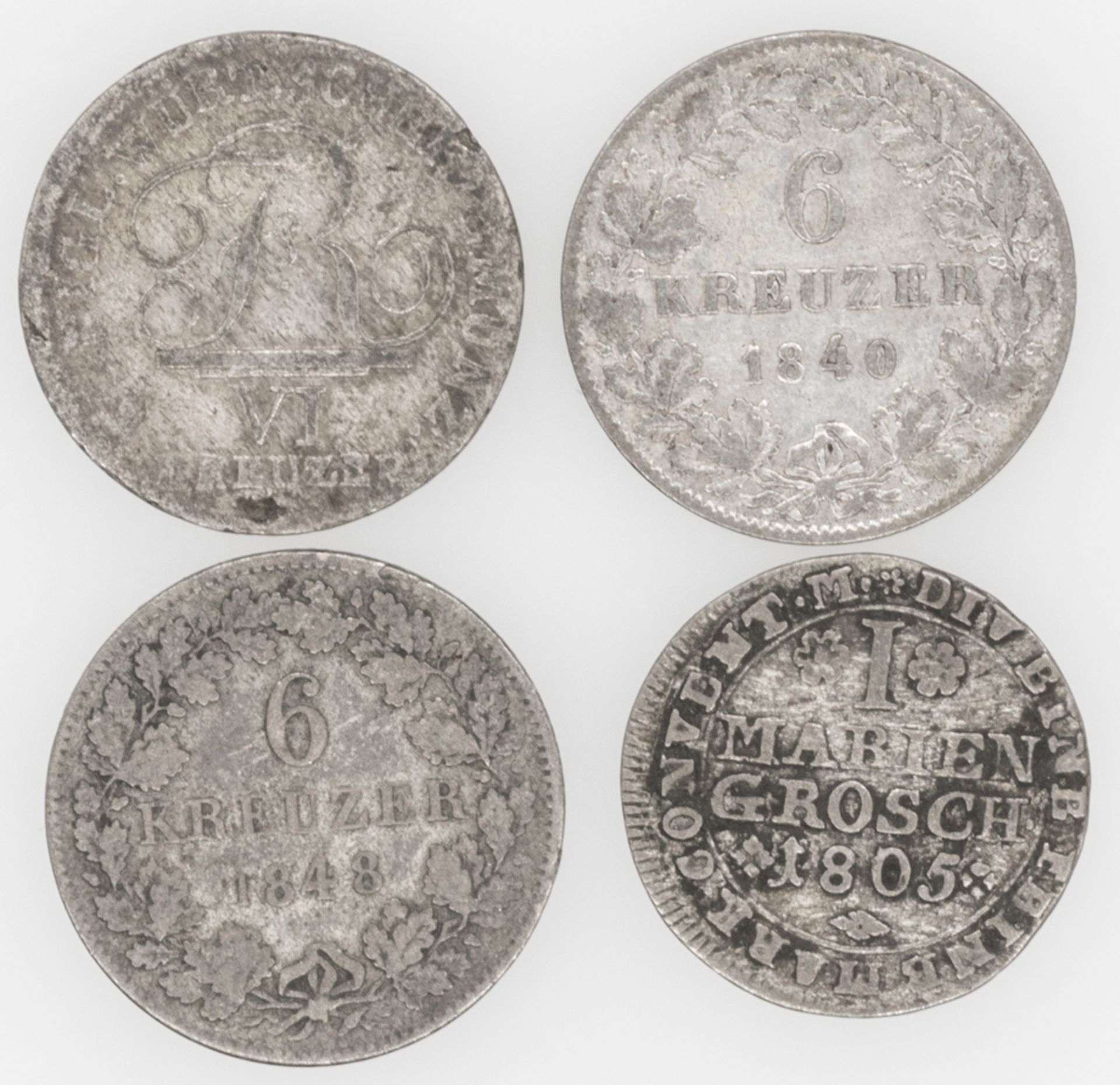 Altdeutschland, Lot 6 Kreuzer - Silbermünzen, dabei Hessen 1848, Württemberg 1810, Baden 1840.