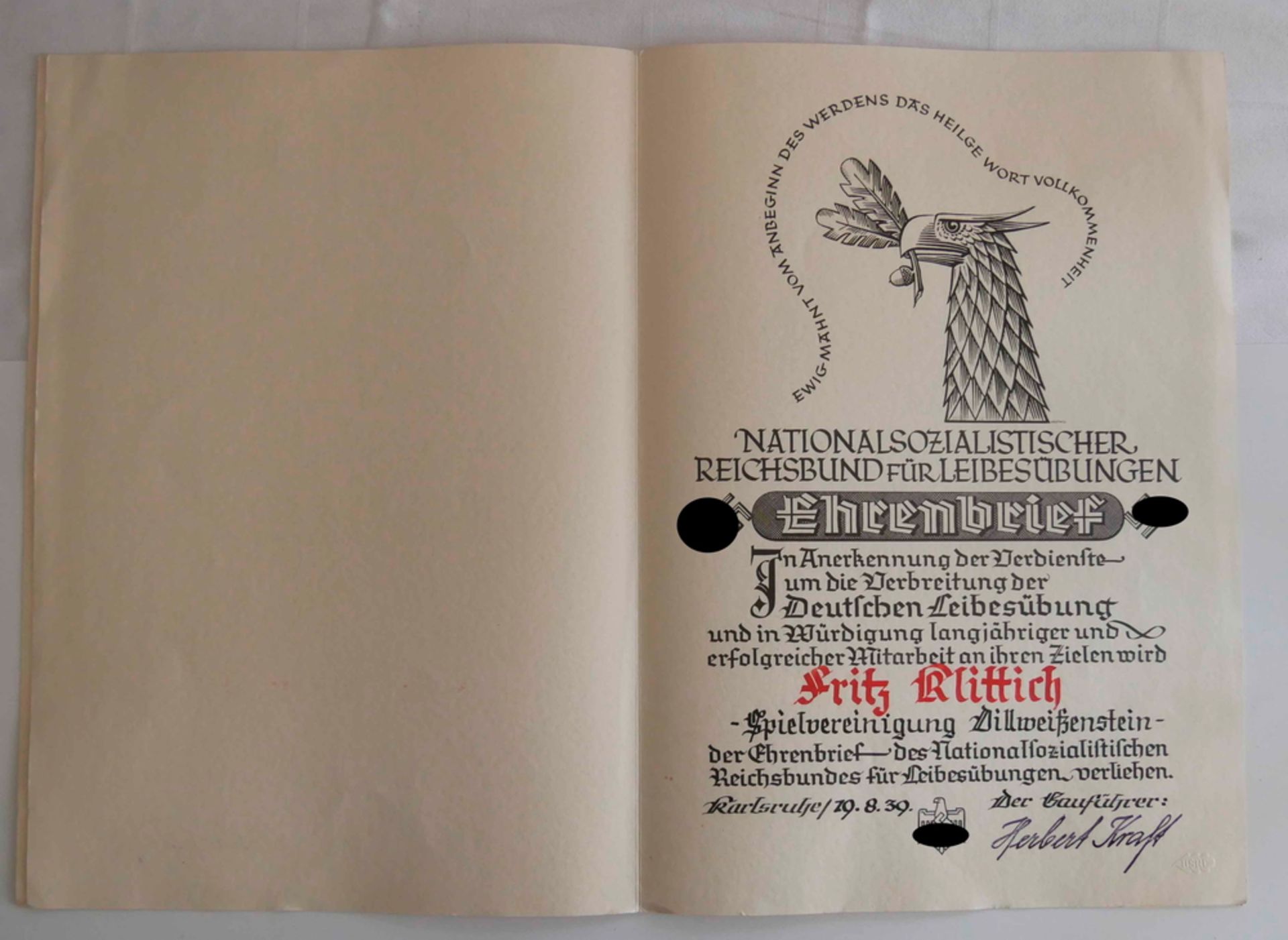 3. Reich, Ehrenbrief des Nationalsozialistischer Reichsbund für Leibesübungen. In Original Mappe,