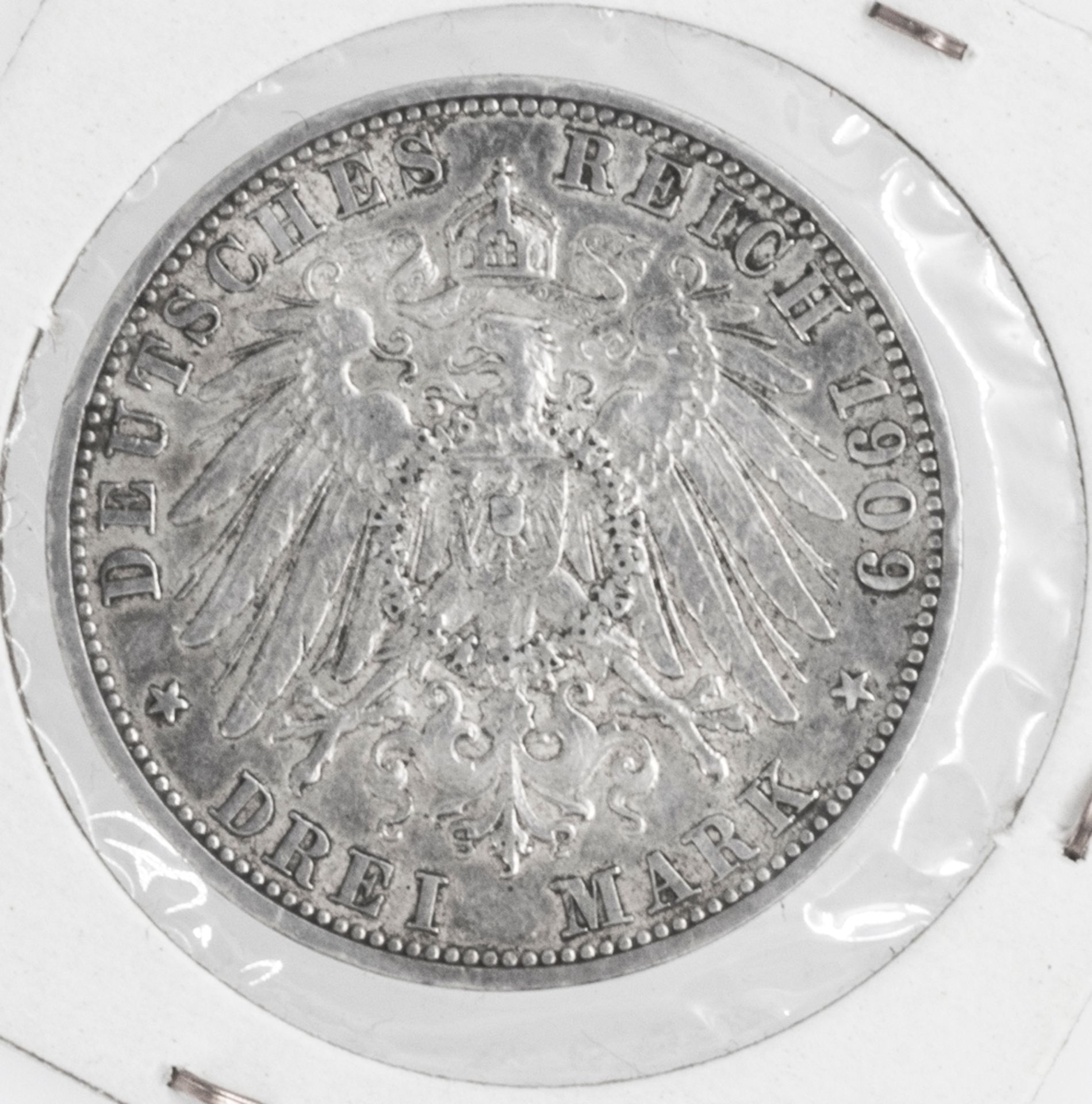 Deutsches Kaiserreich Preußen 1909 A, 3.- Mark - Silbermünze "Wilhelm II.". Erhaltung: ss. - Bild 2 aus 2